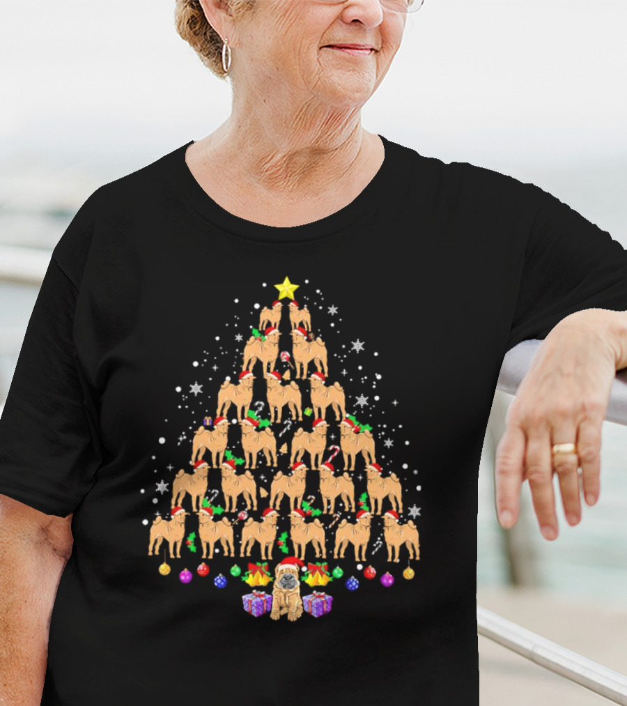 Shar Pei Holiday Tree With Festive Lights And Santa Hats T-Shirt
