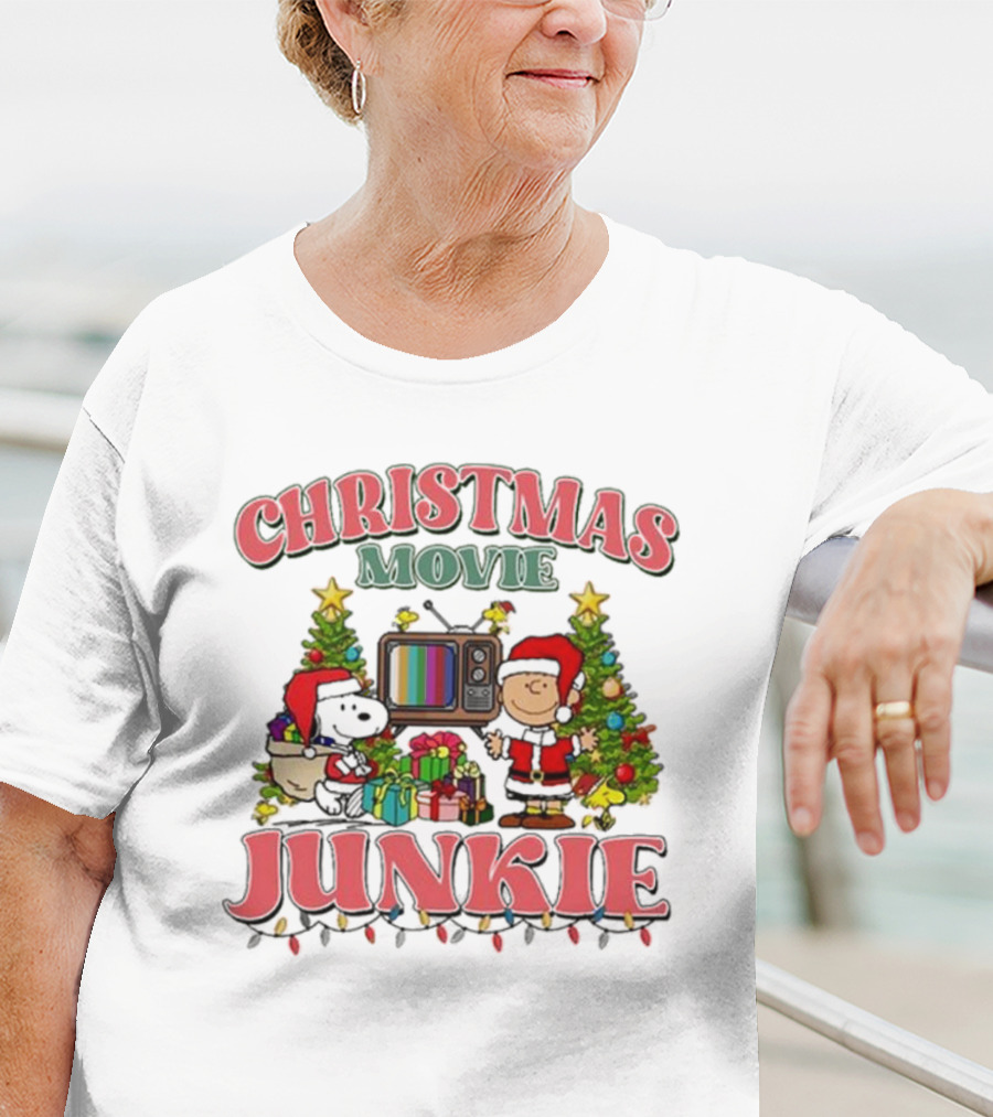 Snoopy And Charlie Brown Christmas Movie Junkie With TV And Gifts T-Shirt