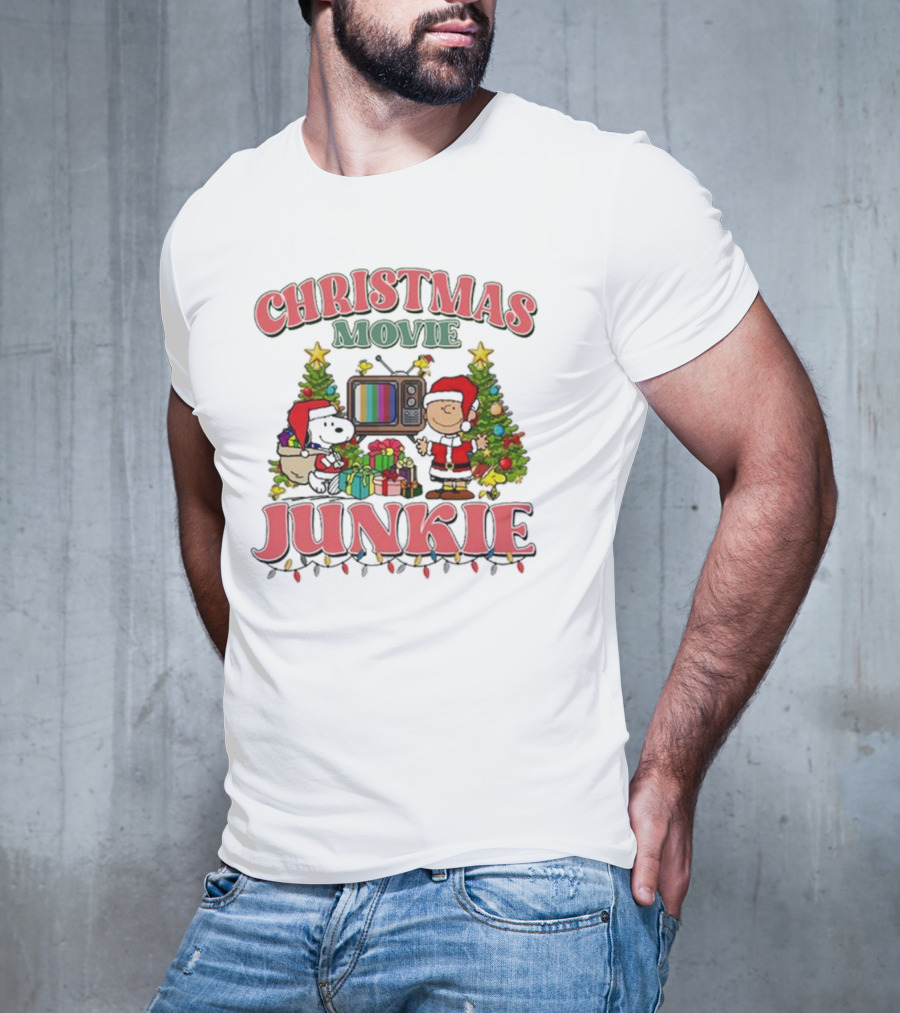 Snoopy And Charlie Brown Christmas Movie Junkie With TV And Gifts T-Shirt
