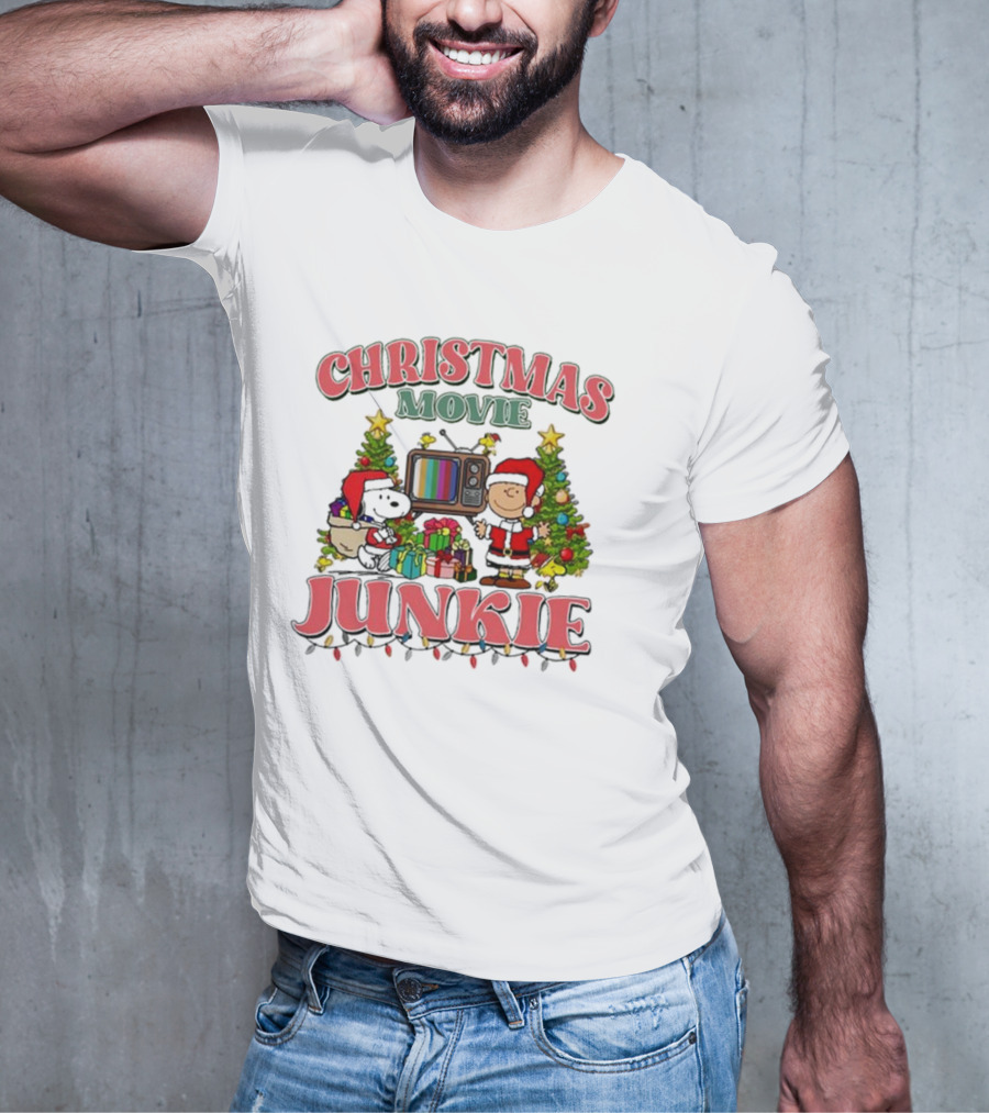 Snoopy And Charlie Brown Christmas Movie Junkie With TV And Gifts T-Shirt