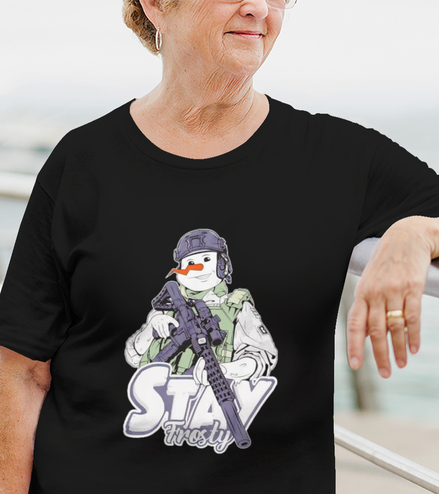 Stay Frosty Snowman Soldier With Rifle Drawing T-Shirt