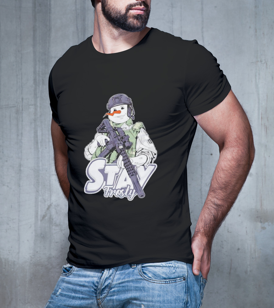 Stay Frosty Snowman Soldier With Rifle Drawing T-Shirt