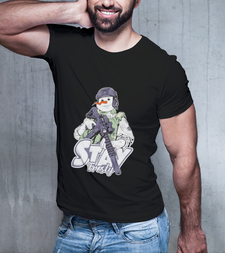 Stay Frosty Snowman Soldier With Rifle Drawing T-Shirt