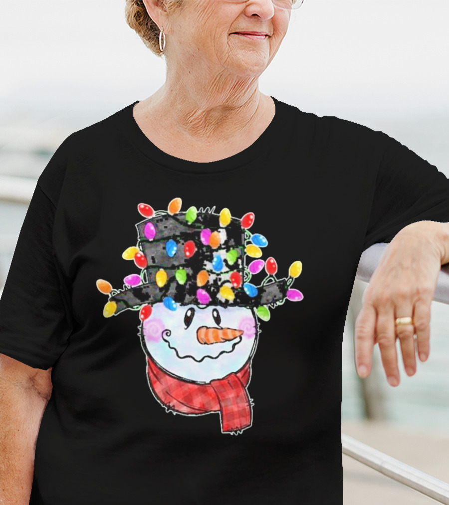 Snowman Wrapped In Colorful Christmas Lights With Black Top Hat And Red Scarf T-Shirt