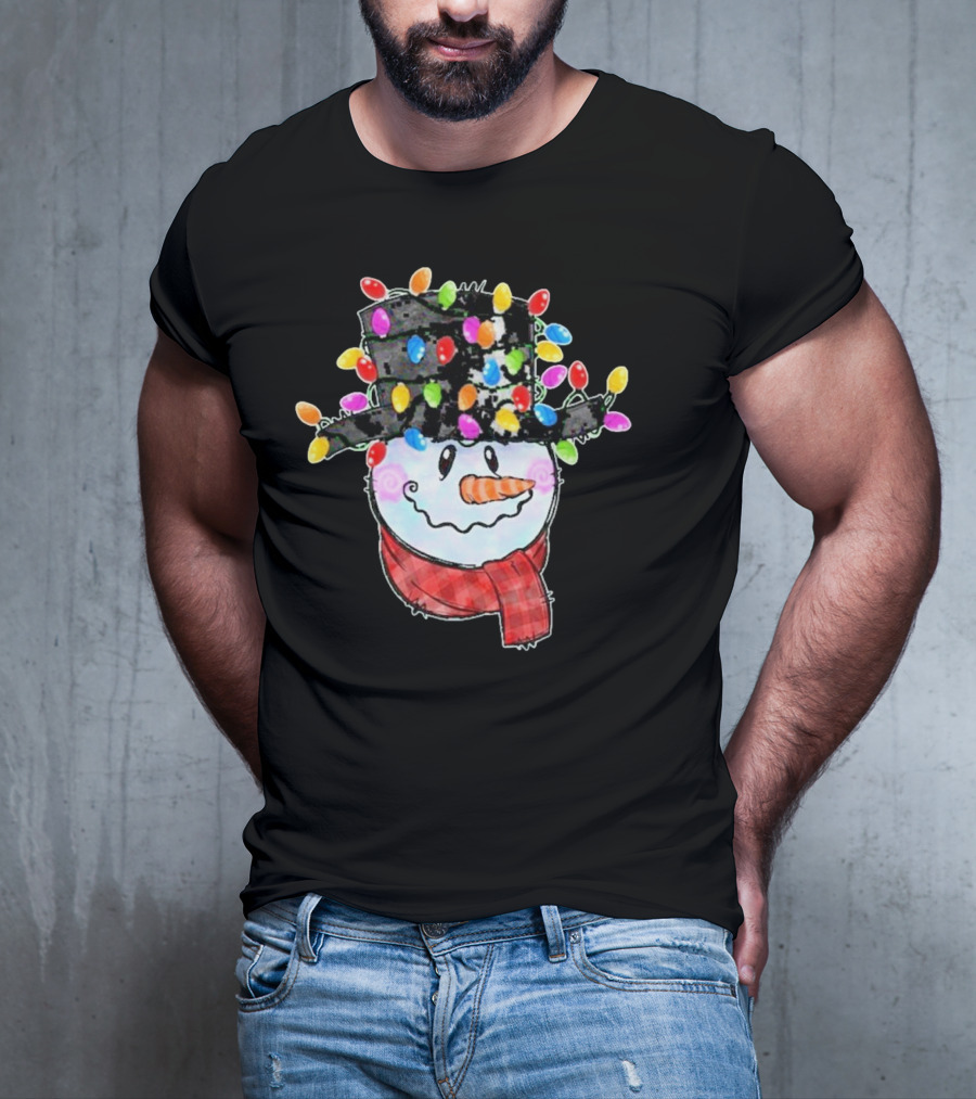 Snowman Wrapped In Colorful Christmas Lights With Black Top Hat And Red Scarf T-Shirt