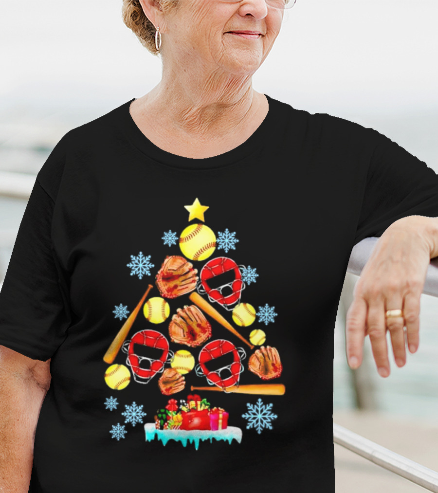 Christmas Tree With Softballs Bats Helmets Mitts And Gifts T-Shirt