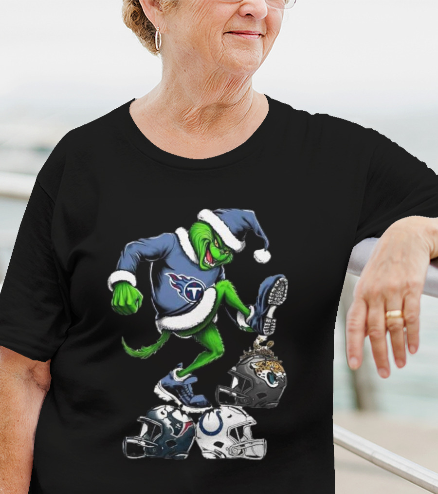Tennessee Titans Grinch Stomping Jaguars Texans Colts Helmets Christmas T-Shirt