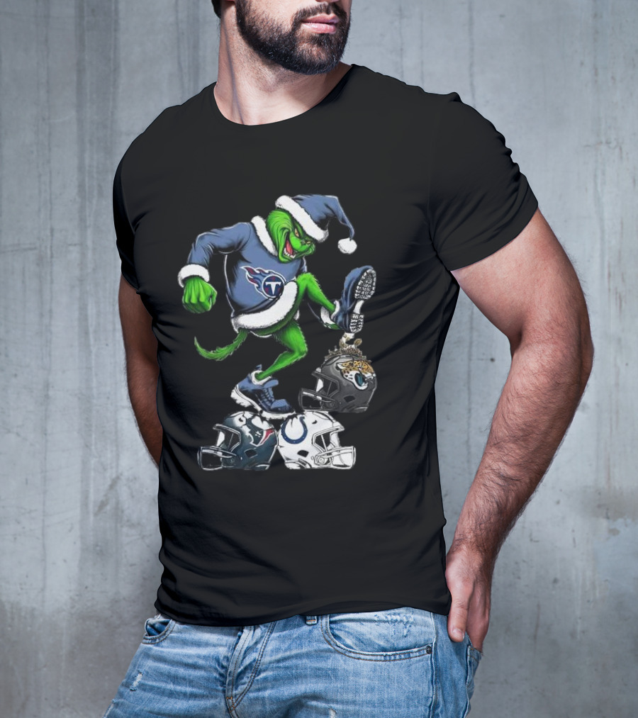 Tennessee Titans Grinch Stomping Jaguars Texans Colts Helmets Christmas T-Shirt