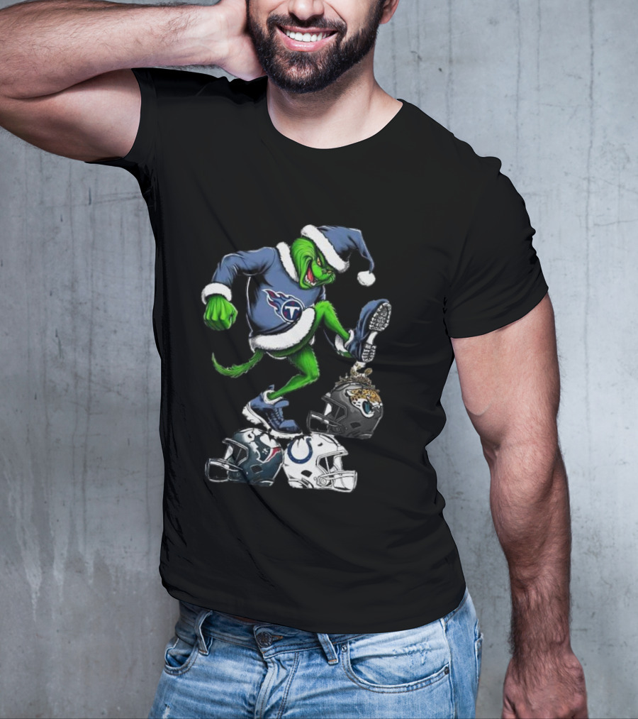 Tennessee Titans Grinch Stomping Jaguars Texans Colts Helmets Christmas T-Shirt