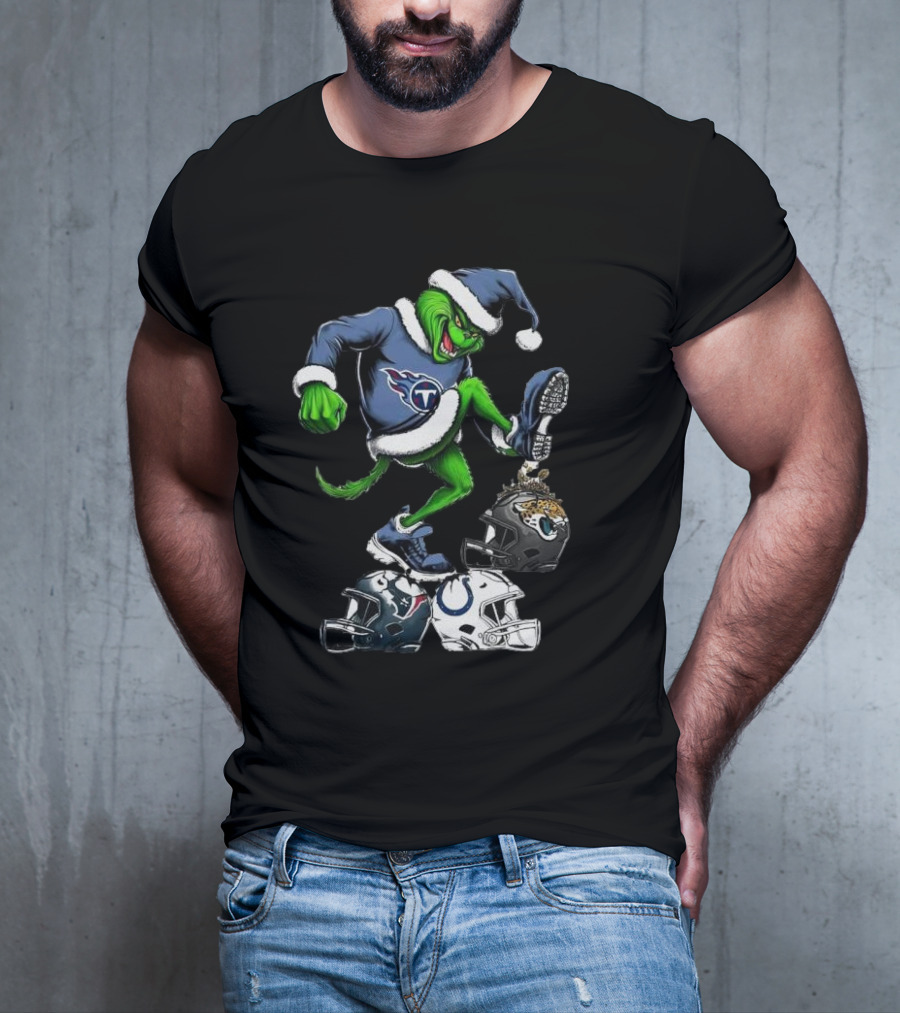 Tennessee Titans Grinch Stomping Jaguars Texans Colts Helmets Christmas T-Shirt