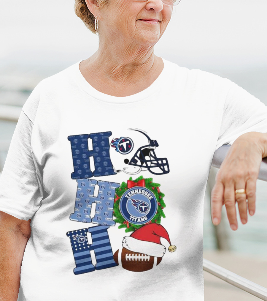 Tennessee Titans Ho Ho Ho Merry Christmas Football Helmet Santa Hat Wreath T-Shirt