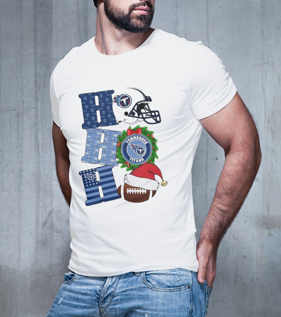 Tennessee Titans Ho Ho Ho Merry Christmas Football Helmet Santa Hat Wreath T-Shirt