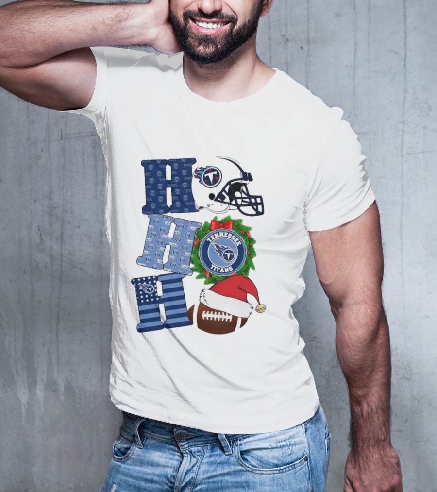Tennessee Titans Ho Ho Ho Merry Christmas Football Helmet Santa Hat Wreath T-Shirt