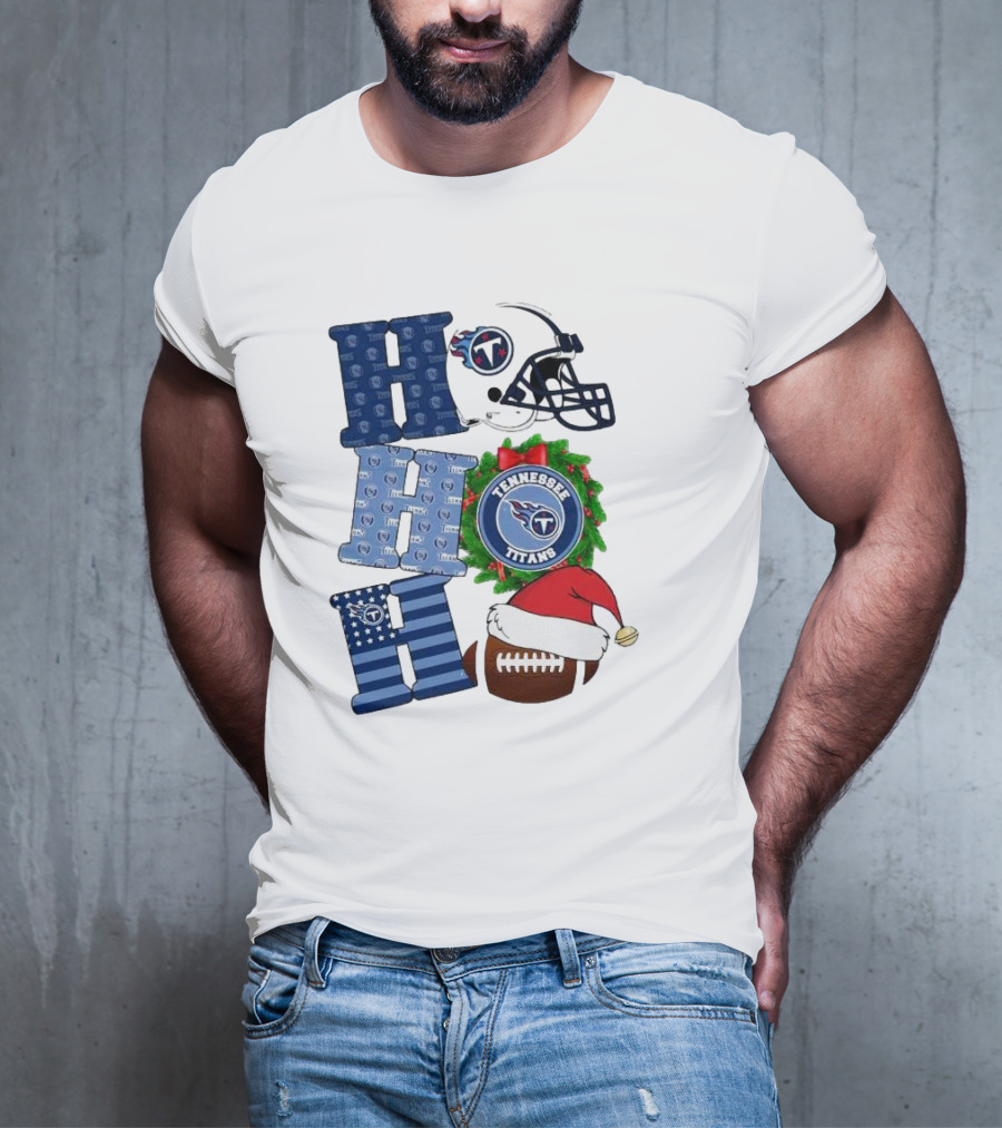 Tennessee Titans Ho Ho Ho Merry Christmas Football Helmet Santa Hat Wreath T-Shirt