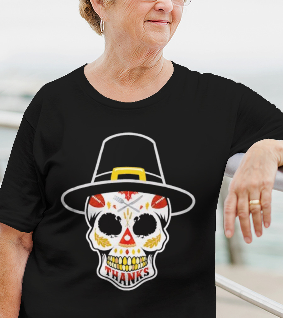 Thanksgiving Sugar Skull Thanks Pilgrim Hat Football Leaves T-Shirt