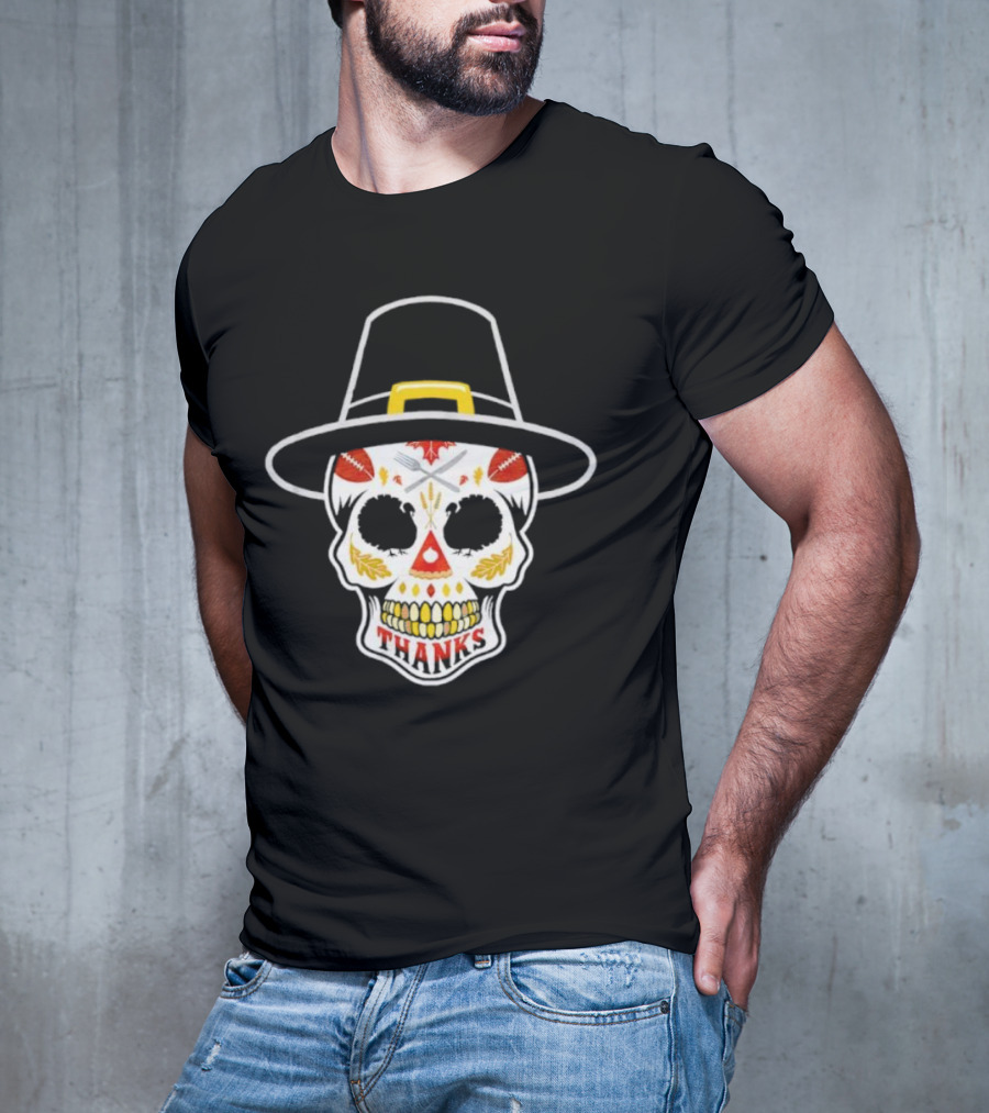 Thanksgiving Sugar Skull Thanks Pilgrim Hat Football Leaves T-Shirt
