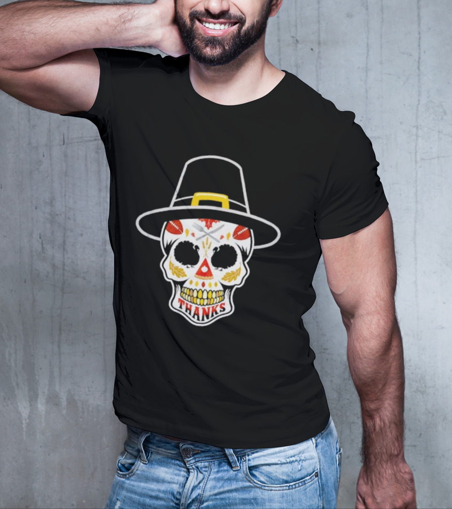 Thanksgiving Sugar Skull Thanks Pilgrim Hat Football Leaves T-Shirt