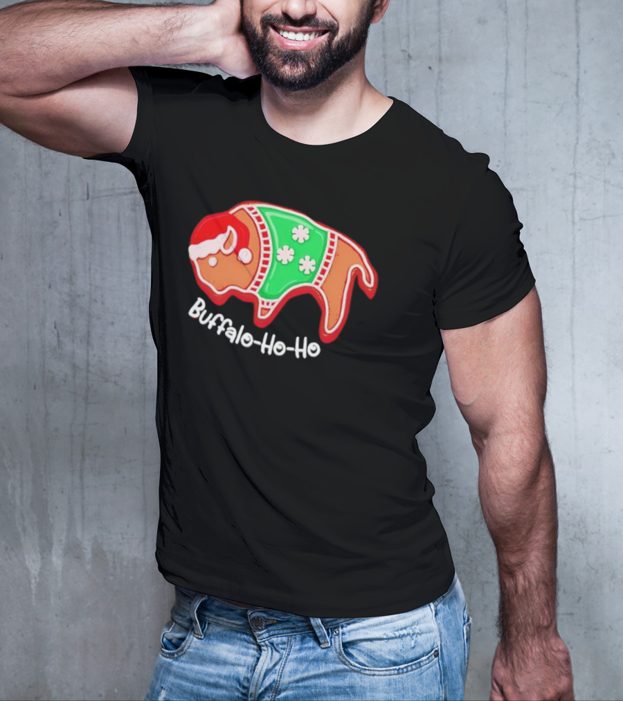 Buffalo-Ho-Ho Christmas Gingerbread Bison Santa T-Shirt
