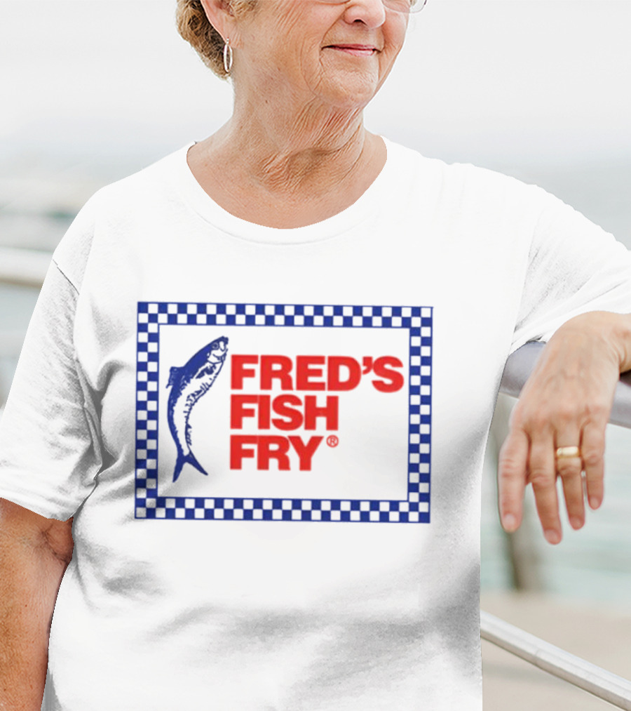 FRED'S FISH FRY Checkered Border With Jumping Fish T-Shirt