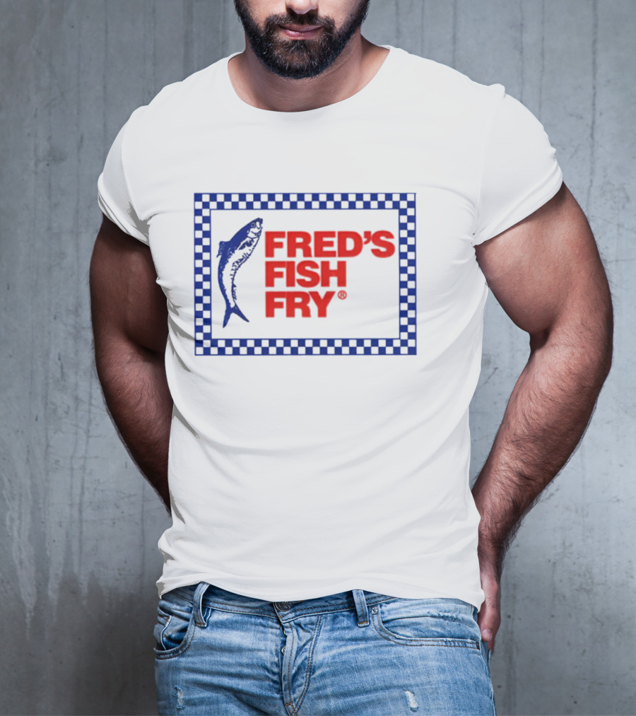 FRED'S FISH FRY Checkered Border With Jumping Fish T-Shirt