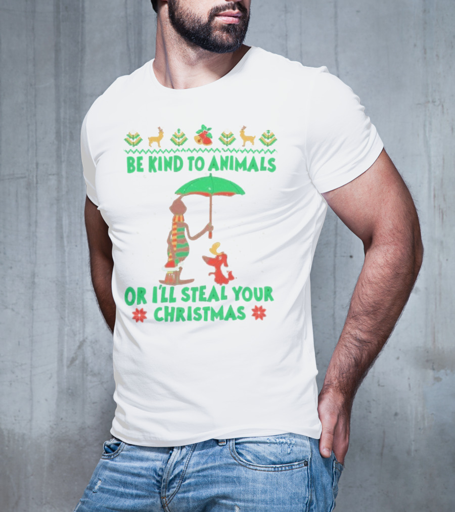 Be Kind To Animals Or I’ll Steal Your Christmas Grinch And Dog With Holiday Symbols T-Shirt