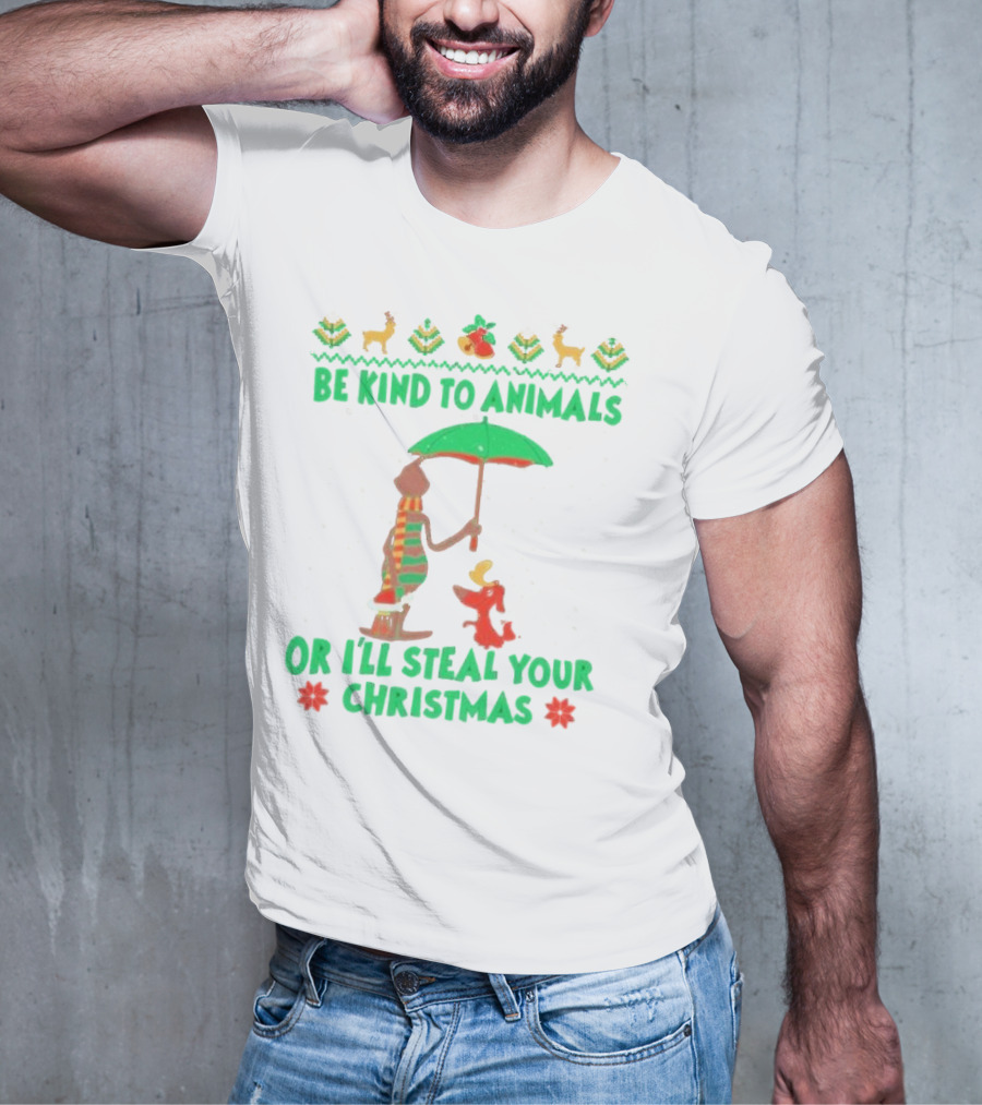 Be Kind To Animals Or I’ll Steal Your Christmas Grinch And Dog With Holiday Symbols T-Shirt