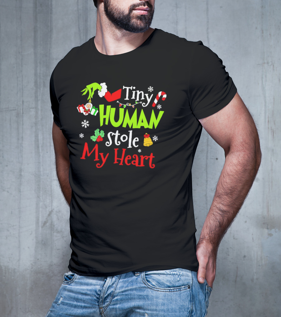 Tiny Human Stole My Heart Grinchmas Xmas With Candy Cane And Gifts T-Shirt
