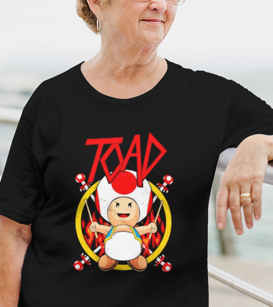 TOAD Heavy Metal Mushroom Drummer With Drumsticks And Flames Background T-Shirt