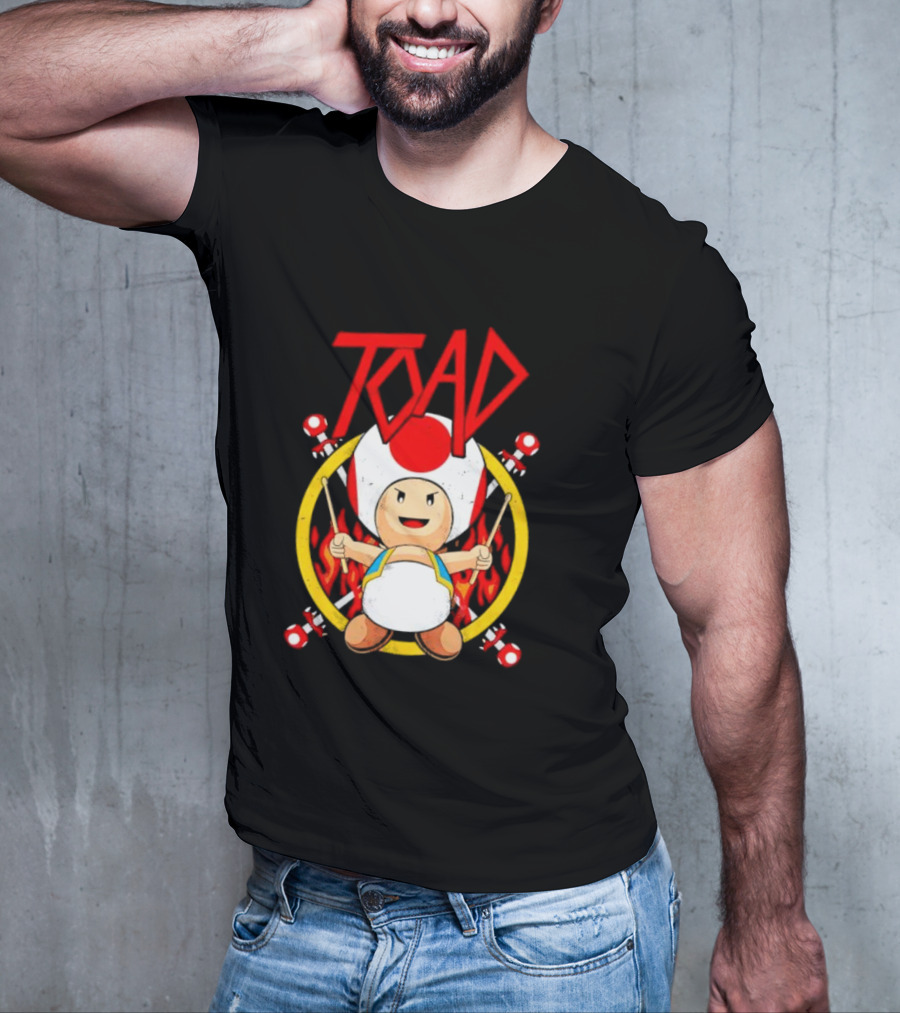 TOAD Heavy Metal Mushroom Drummer With Drumsticks And Flames Background T-Shirt