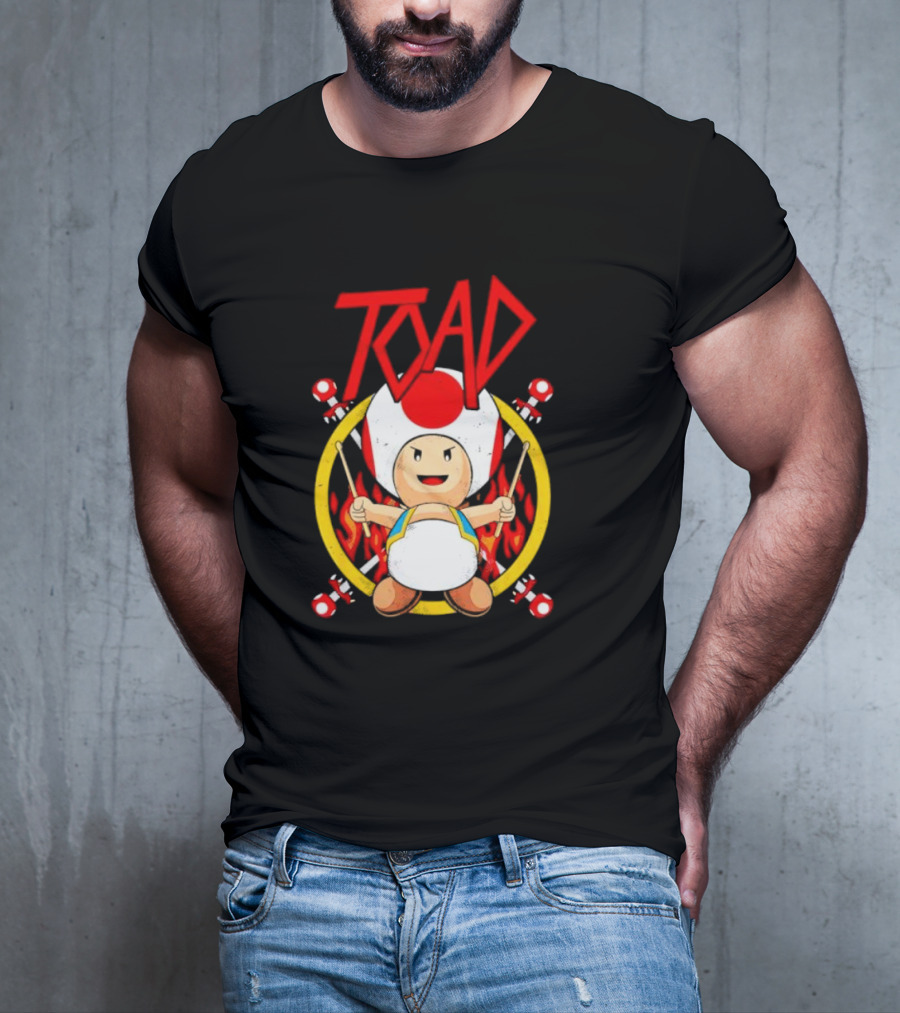 TOAD Heavy Metal Mushroom Drummer With Drumsticks And Flames Background T-Shirt