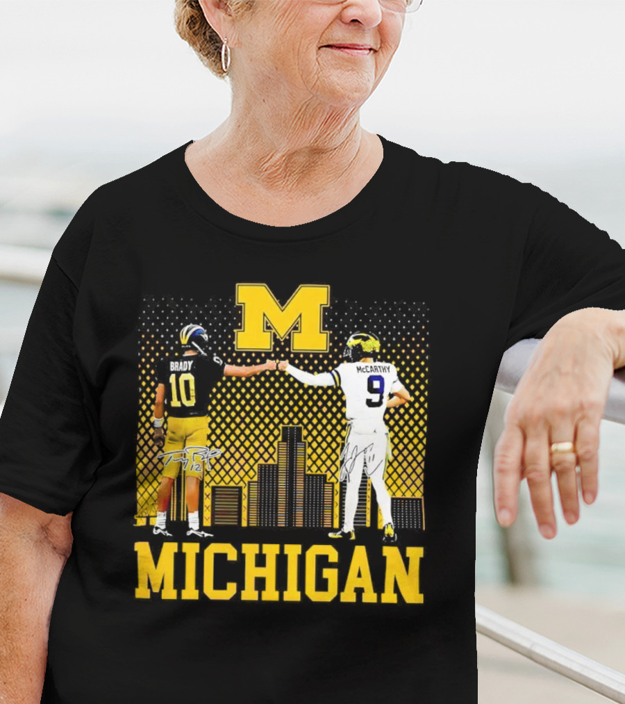 Michigan Wolverines Tom Brady Jj McCarthy Iconic Players Fist Bump Skyline T-Shirt