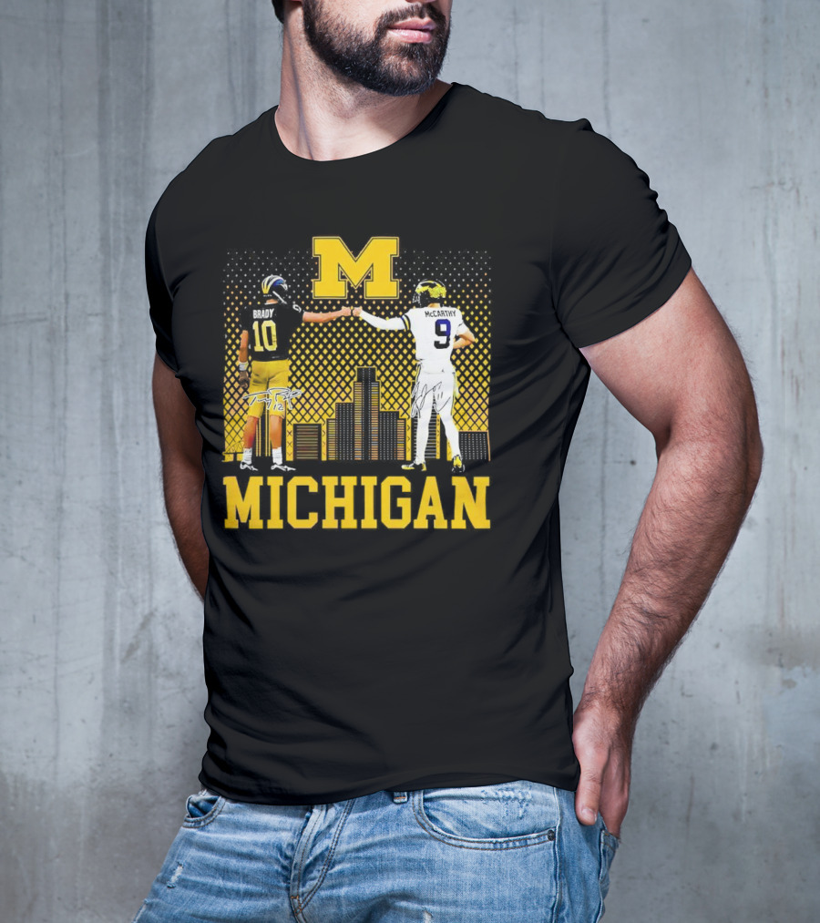 Michigan Wolverines Tom Brady Jj McCarthy Iconic Players Fist Bump Skyline T-Shirt