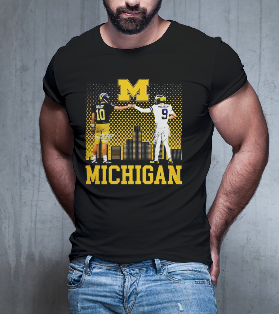 Michigan Wolverines Tom Brady Jj McCarthy Iconic Players Fist Bump Skyline T-Shirt