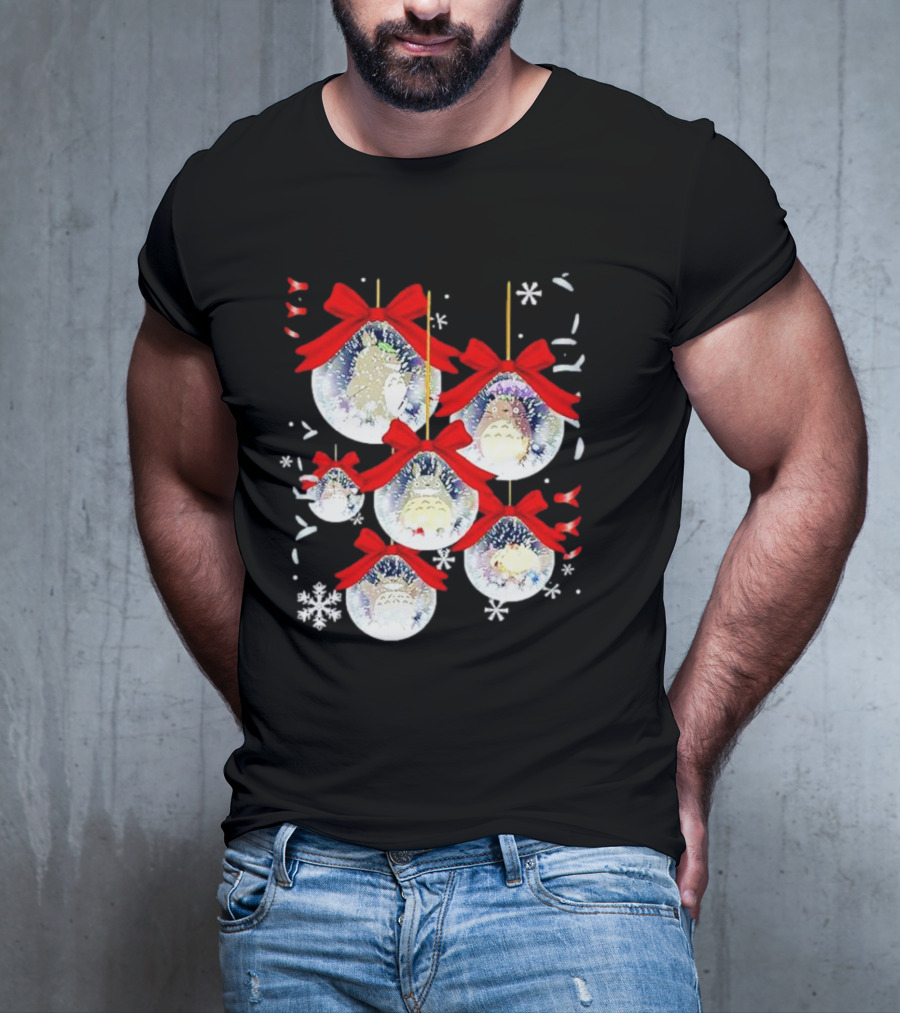 Totoro Chibi Christmas Ornaments With Snowflakes And Red Bows T-Shirt