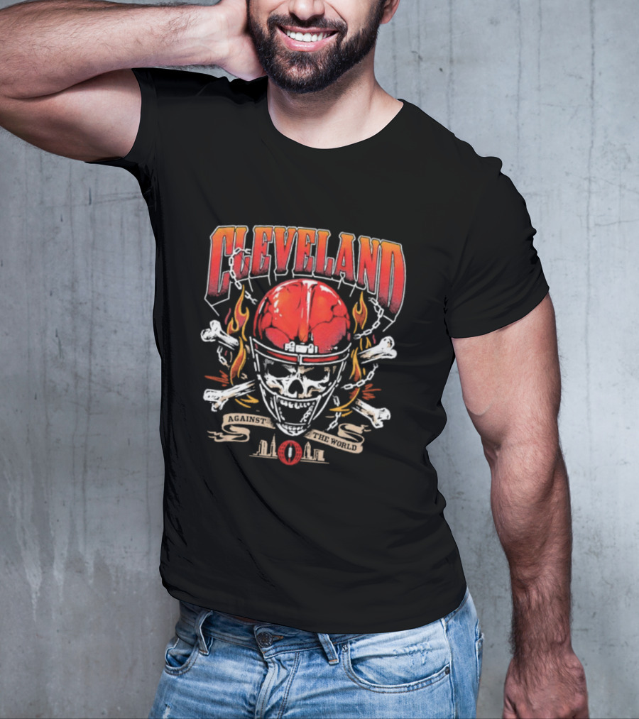 Cleveland Against The World Skull Helmet Flames Crossbones T-Shirt