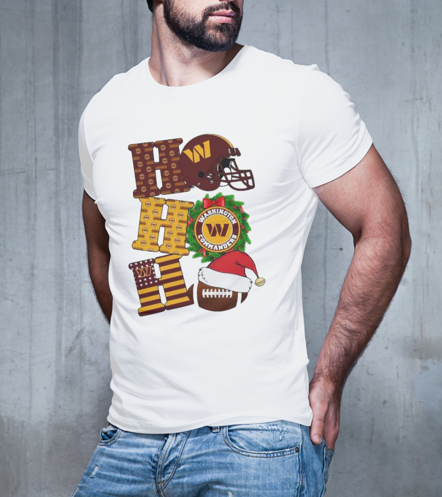 Washington Commanders Helmet Wreath Football Ho Ho Ho Merry Christmas T-Shirt