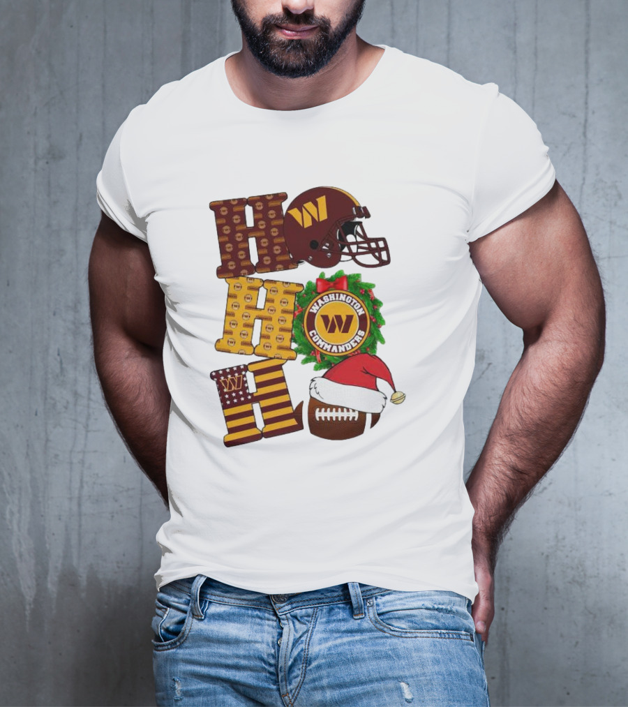 Washington Commanders Helmet Wreath Football Ho Ho Ho Merry Christmas T-Shirt