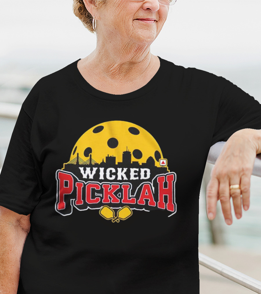 Wicked Picklah Boston Skyline Pickleball Paddle Bridge T-Shirt
