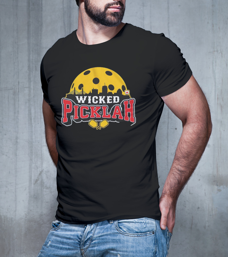 Wicked Picklah Boston Skyline Pickleball Paddle Bridge T-Shirt