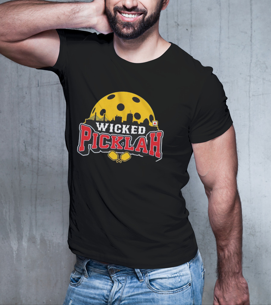 Wicked Picklah Boston Skyline Pickleball Paddle Bridge T-Shirt