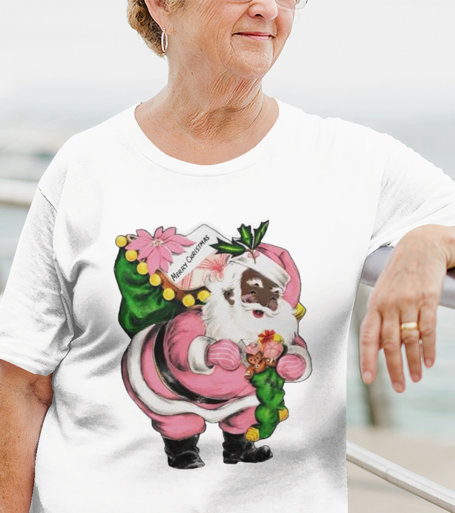 Merry Christmas Santa Claus Wear Pink Outfit With Sack And Toys T-Shirt