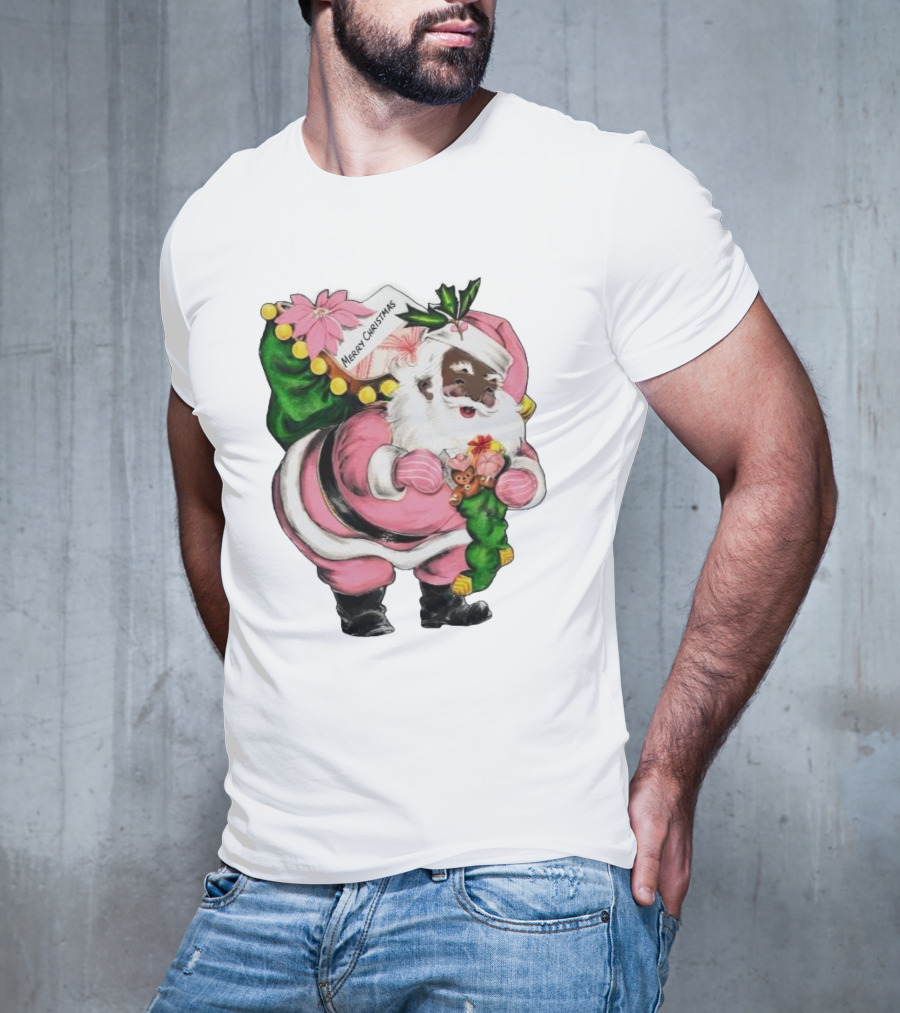 Merry Christmas Santa Claus Wear Pink Outfit With Sack And Toys T-Shirt