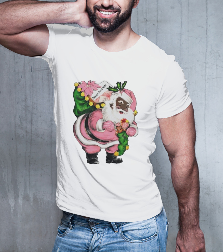 Merry Christmas Santa Claus Wear Pink Outfit With Sack And Toys T-Shirt