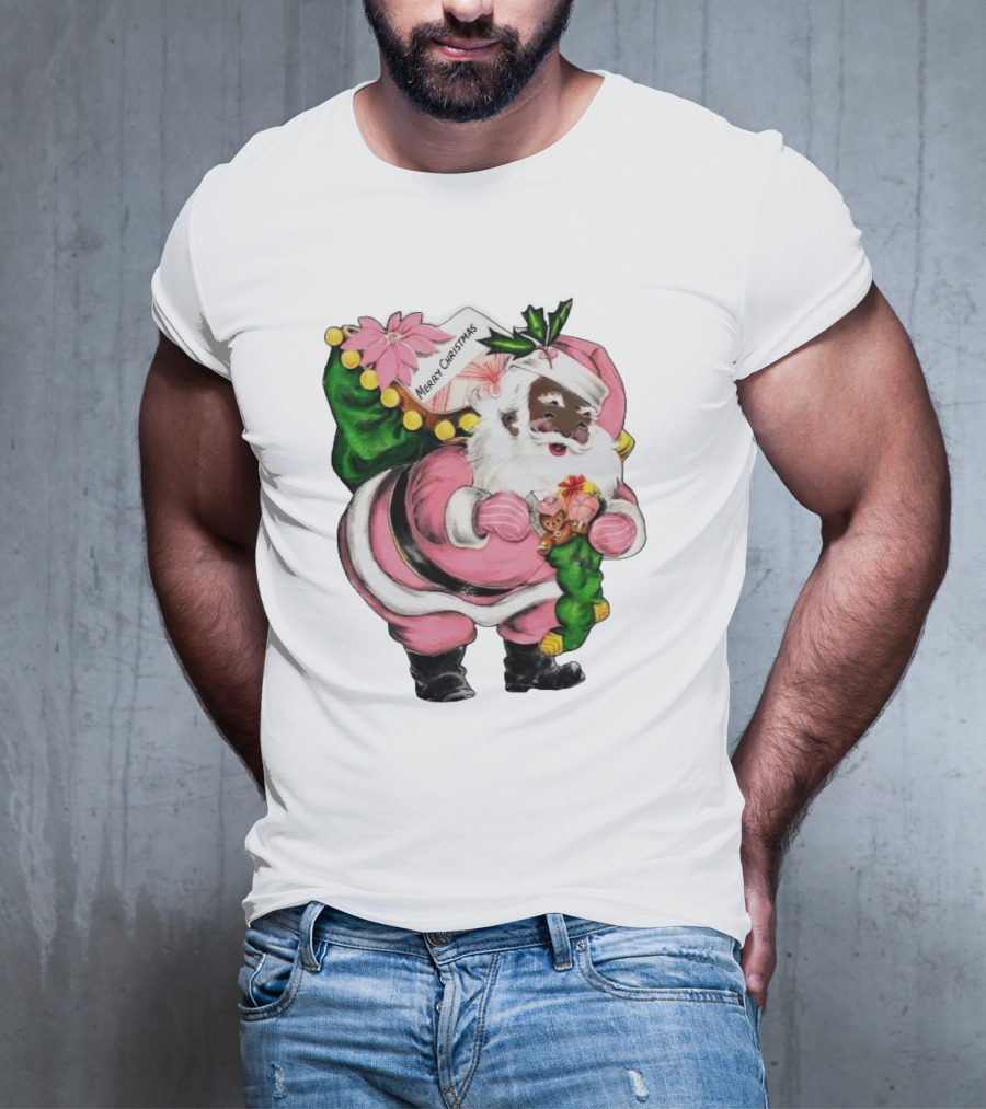Merry Christmas Santa Claus Wear Pink Outfit With Sack And Toys T-Shirt