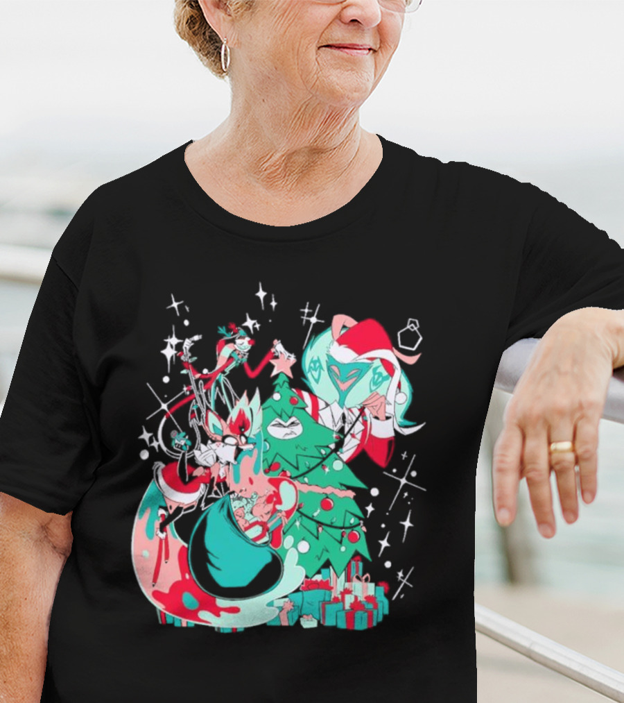 Shark Robot Sinful Holiday Christmas Hazbin Hotel Festive Tree And Characters T-Shirt