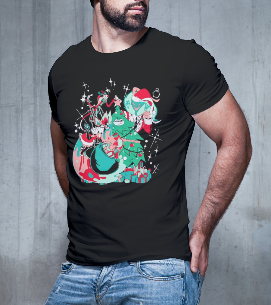Shark Robot Sinful Holiday Christmas Hazbin Hotel Festive Tree And Characters T-Shirt