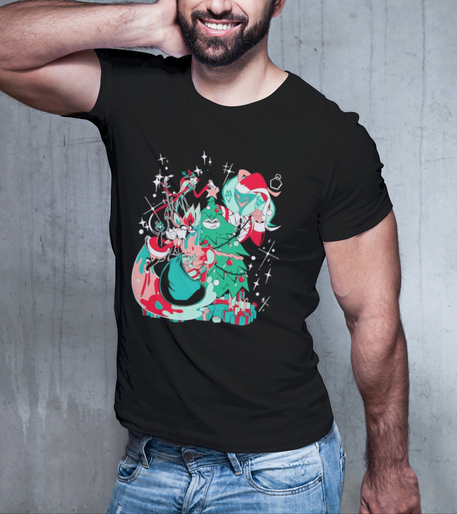 Shark Robot Sinful Holiday Christmas Hazbin Hotel Festive Tree And Characters T-Shirt