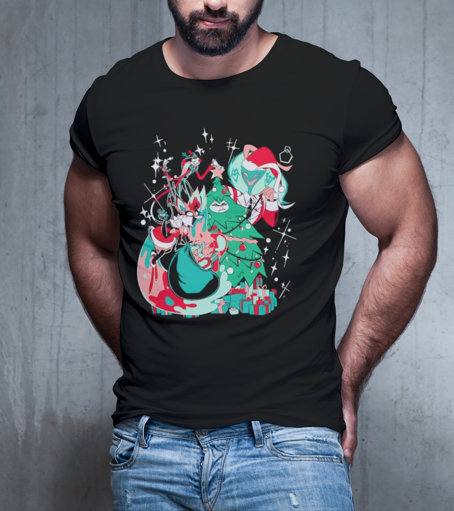 Shark Robot Sinful Holiday Christmas Hazbin Hotel Festive Tree And Characters T-Shirt