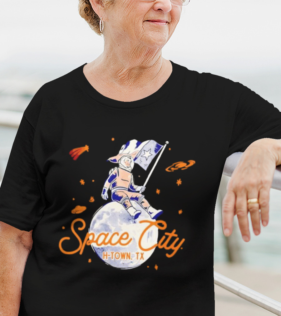 Space City H-Town TX Astronaut On Moon With Saturn And Stars T-Shirt