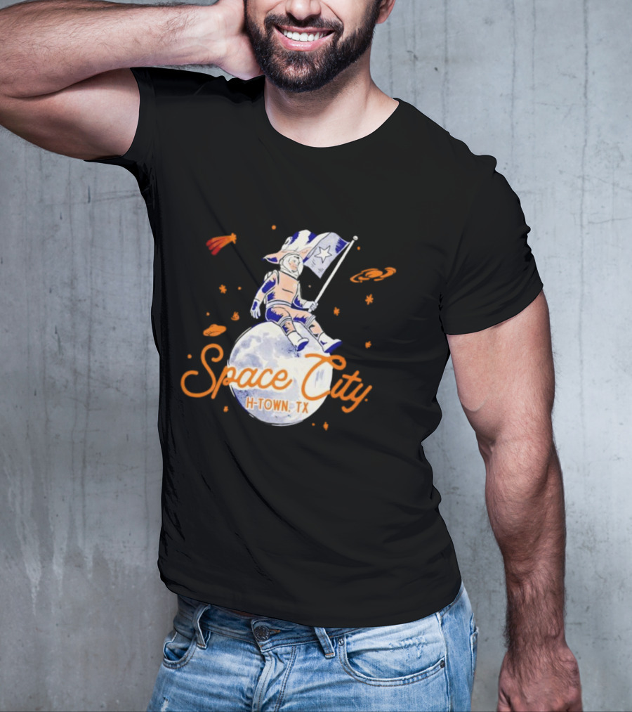 Space City H-Town TX Astronaut On Moon With Saturn And Stars T-Shirt